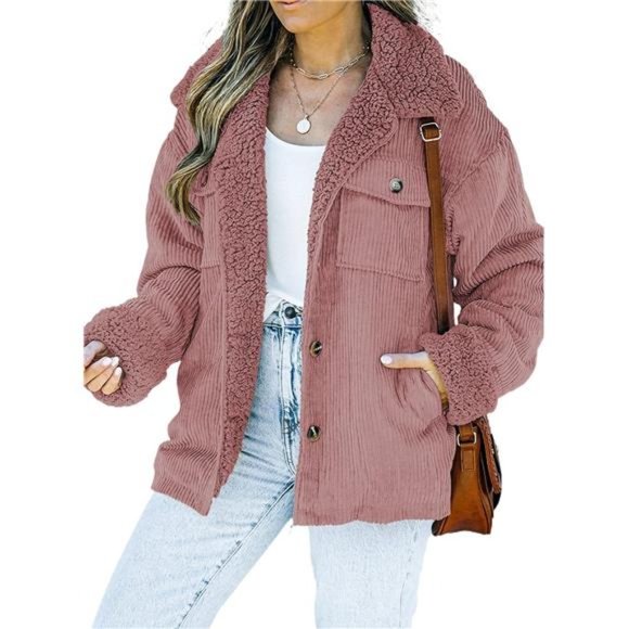 Sherpa Jacket Button Down Fleece Fur Collar Winter Warm Coat For Women